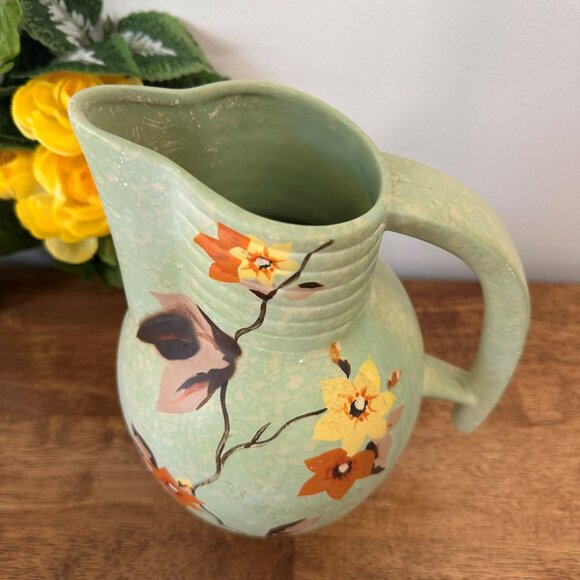 Vintage Denham England Pottery Pitcher Green Floral Hand Painted 1930s Matte - Picture 3 of 9